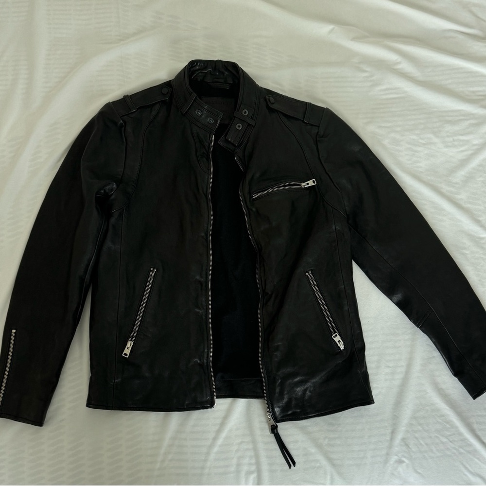 Allsaints Men's Cora Full Zip Leather Moto Jacket Solid Black
